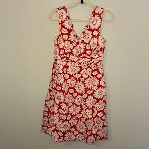 Red and White Floral Boden 100% Cotton Knee Length V-Neck Dress A-Line 6R